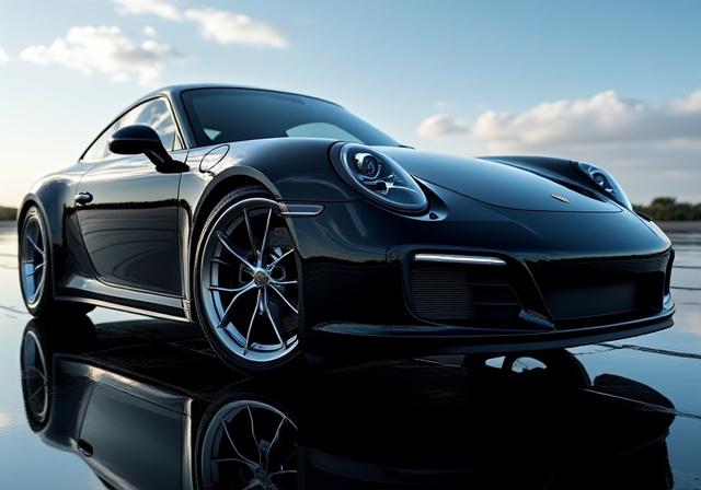 Porsche noire avec reflets parfaits après traitement